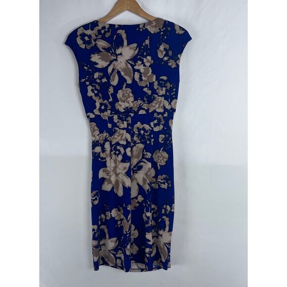 Lauren By Ralph Lauren Floral Print Blue And Tan Color Ruched Side 6 - Picture 2 of 9